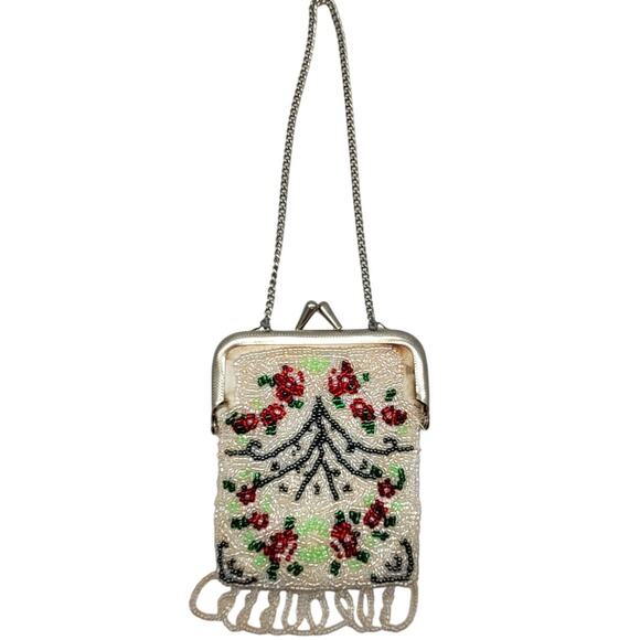 Vintage White Red Floral Beaded Fringed Small Coquette Chain Wrist Purse Handbag - Picture 1 of 8